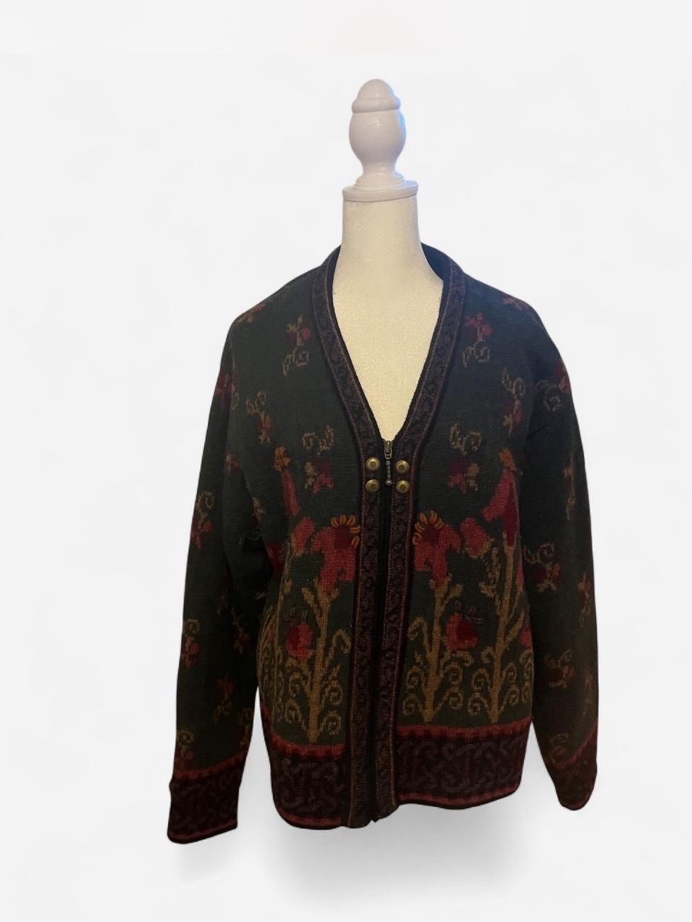 VTG Nordic Design Shetland Wool Cardigan Sweater Floral Multicolor Zip Size L